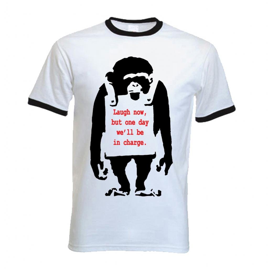 Tribal T-Shirts Banksy T-Shirt - Laugh Now Monkey - Small White