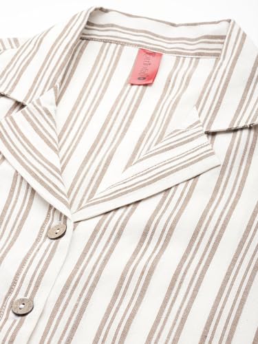 Image of Cottinfab Women Beige and White Striped Cotton Shirt Midi Dress Long Sleeves