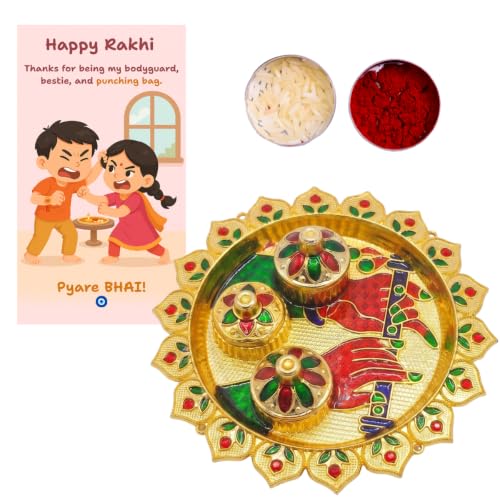 Image of Evil Eye Pearl Rakhi with Krishna Flute Designer Pooja Thali, Red T-Shirt, Greeting Card & Roli Chawal | Nazar Suraksha Rakhi Gift Combo for Brother | Raksha Bandhan Gift Set