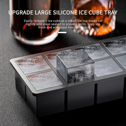 Image of 1PECK Large Ice Cube Tray with Lid, 8 Grid Stackable Big Silicone Square Ice Cube Mold for Whiskey Cocktails Bourbon Soups Frozen Treats, Easy Release BPA Free(Black) (1PCS Black -8 Grid)
