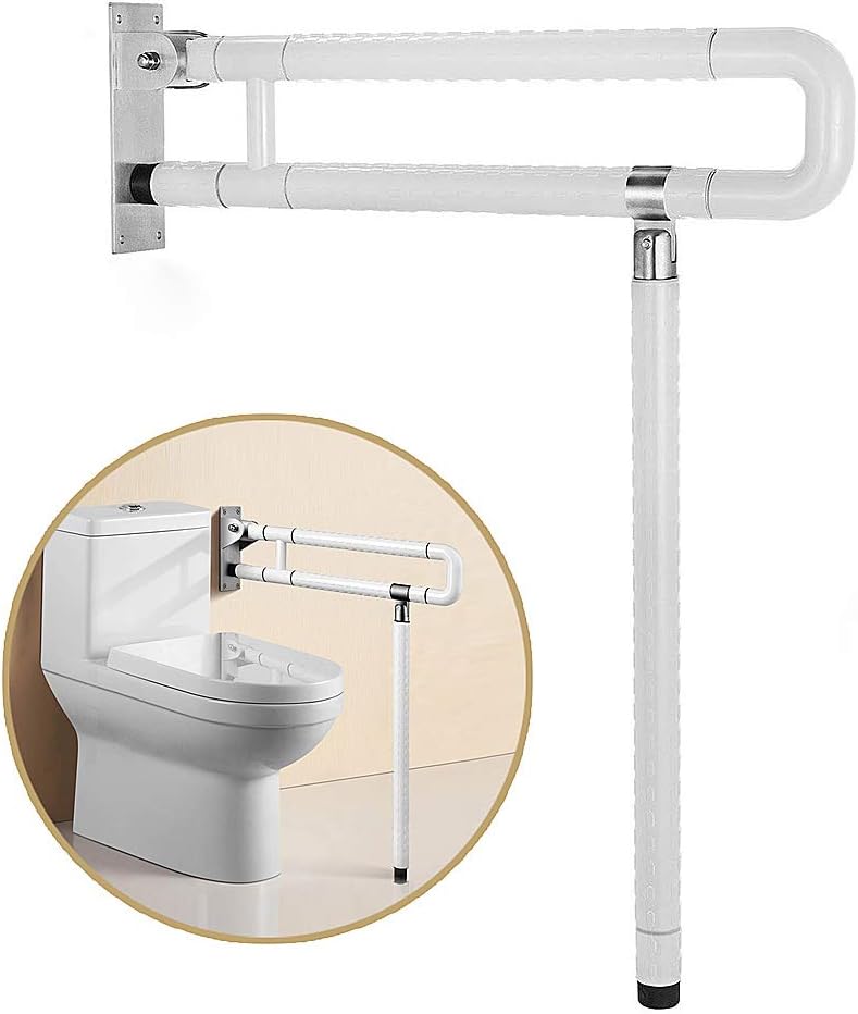 Handicap Grab Bars for Bathroom, Foldable Stainless Toilet Grab Bar with Textured Grip, 29.5(L) x27.5(H) inches Flip Up Toilet Safety Rails with Leg for Elderly