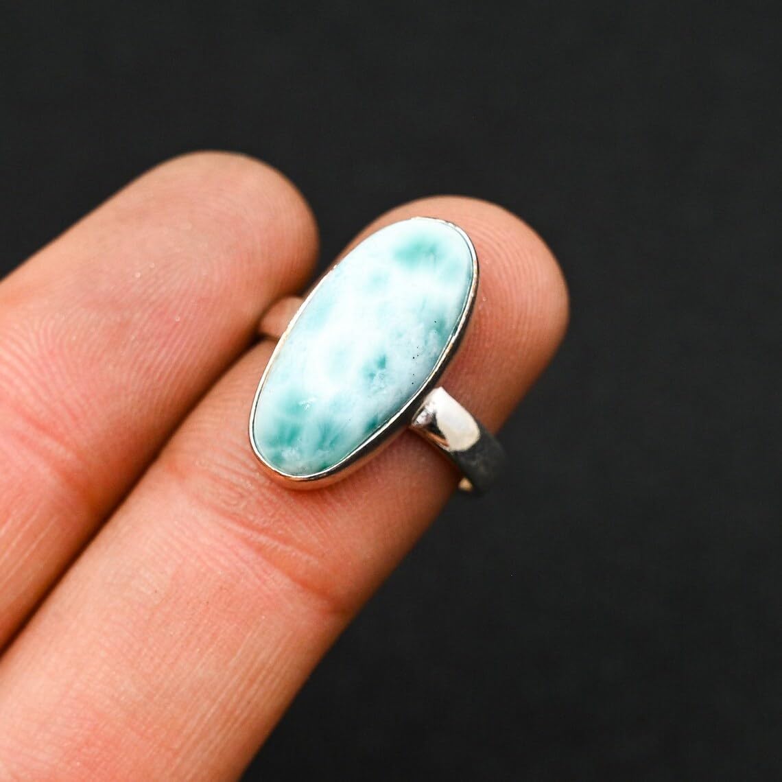 Natural Larimar Ring for Women - Boho Gemstone Engagement & Bridal Jewelry | Dainty, Trending, Unique Genuine Stone Vintage Sterling Silver | Handmade Gift for Her image 2