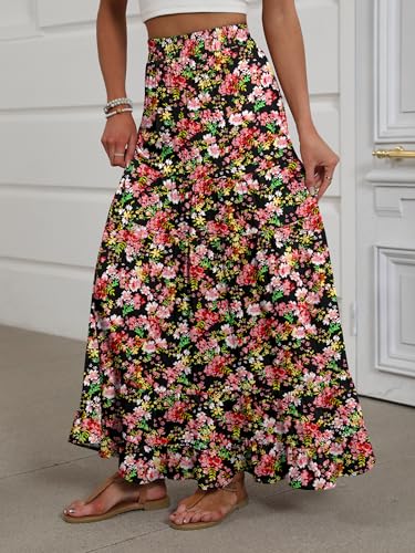 Image of ANRABESS Womens Maxi Skirt Elastic High Waist Swing Tiered A-line Flowy Pleated Boho Beach Vacation Long Skirts