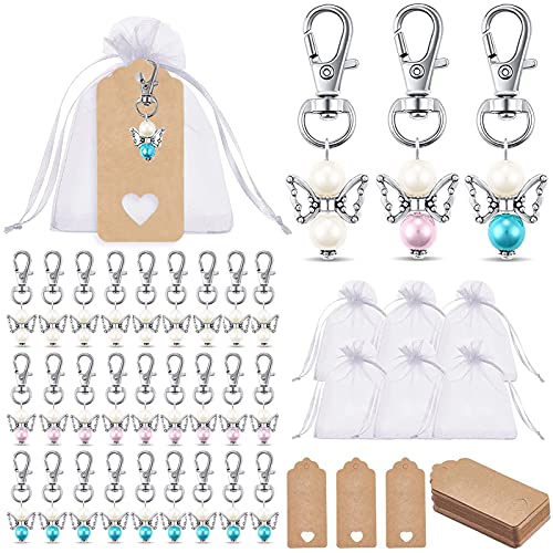 30 PCS Cadeau invité mariage,faveurs de baptême,faveurs de mariage avec Porte-clés Ange avec pochette en organza, pendentif de baptême de mariage, faveurs...