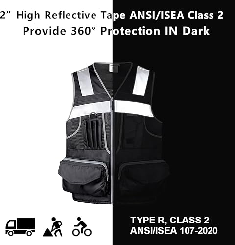 Miniatura 3 de Chaleco de seguridad Hi Vis con cintas reflectantes 3M, tela Oxford con 11 bolsillos, ropa de trabajo de construcción de visibilidad brillante