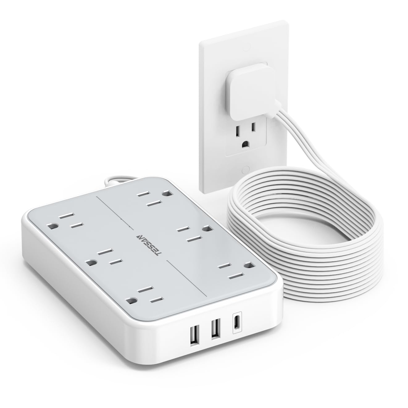 15ft Flat Plug Extension Cord Indoor, TESSAN Surge Protector Power Bar with 3 USB (1 USB C), Power Strip with 6 Widely Spaced Outlets, Charging Station Wall Mount for Home Office Dorm Room