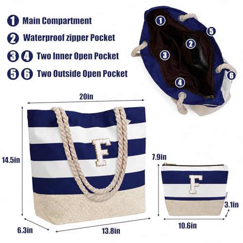 Image of Vavabox Initial Beach Tote Bag for Women, Water-resistant Travel Beach Bag Pool Bag Set, Birthday Gifts for Women Mom