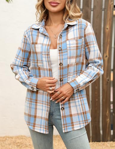 CORSKI Women's Flannel Shirts Casual Button Down Plaid Shirt Jacket Long Sleeve Fleece Shacket with Pockets3