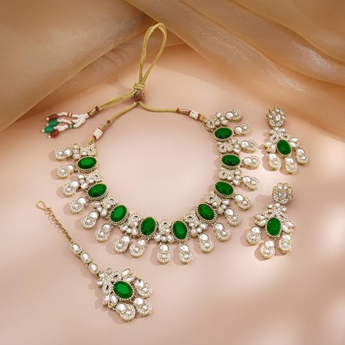 Image of Rubans Necklace Maangtikka Set Gold Plated Kundan & Pearl Jewellery Gift for Women & Girls