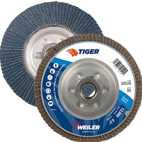Image of Weiler 50520 Tiger Abrasive Flap Disc, Type 29, Threaded Hole, Aluminum Backing, Zirconia Alumina, 4-1 /2 inch Dia., 80 Grit