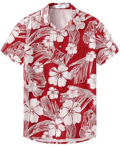 KYKU Hawaiian Shirt for Men Beach Summer Button Down Clothing Flower Red XL