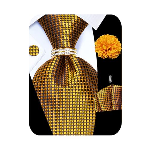 Image of 5PCS Mens Silk Tie, Pocket Square, Cufflinks, Drilled Tie Ring and Lapel Pin Set for Wedding Groom Party