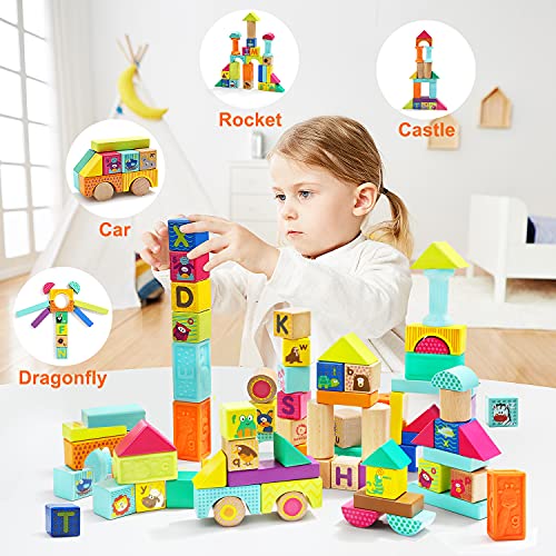 Top Bright Wooden Building Blocks Toddlers 1-3,Baby Blocks 12-18 Months,Toy Blocks For 1 2 3 Year Old 80 Piece #TOP1