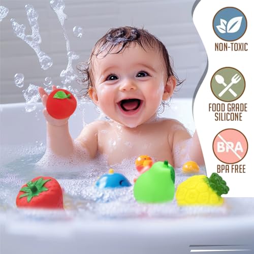 Image of Amazon Brand - Jam & Honey Baby Bath Toy Set of 10 for Toddlers I Colorful Combo of Fruit Set I Floating Bath Chuchu Toys (Multicolor)