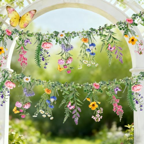 SUNBEAUTY Wildflower Banner 2 Pcs Super Long Garden Party Flower Spring Summer Reusable Garland for Enchanted Garden Woodland Tropical Theme Wedding Baby Shower Birthday Tea Supplies Girl Decorations