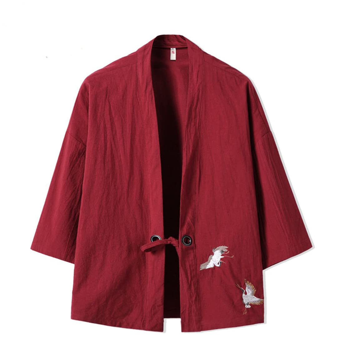 Haft żuraw Haori kimono Harajuku japoński styl plus size męski kostium yukata azjatyckie ubrania kardigan damska kurtka winna czerwona 4XL 86 do 91 kg