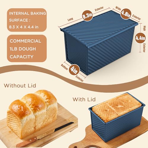Image of KITESSENSU Pullman Loaf Pan with Lid, 1 lb Dough Capacity Non-Stick Bakeware for Baking Bread, Carbon Steel Corrugated Bread Toast Box Mold with Cover,Blue | Nonstick Carbon Steel Japanese Milk Bread Loaf Pan, Square Toast Mold for Sandwich Bread, Sourdough Loaves & Homemade Bread