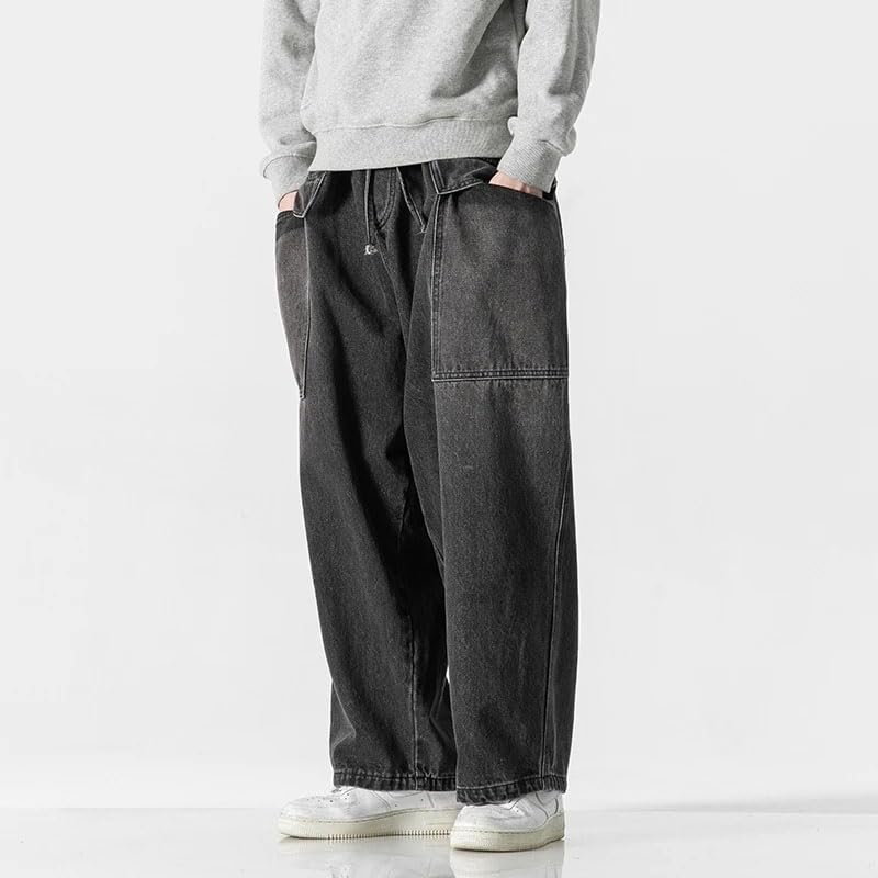Autumn Men Baggy Jeans Vintage Plain Pants Casual Wide Leg Loose Fit Denim Hip Hop Straight Trousers2
