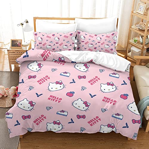 KNITII Hellokitty Juego De Sábanas Fundas Nórdicas Impresas 3D con Diseño De CartoonAnimation, Microfibra Suave,con Fundas De Almohada, Cremallera Oculta King(220x240cm)