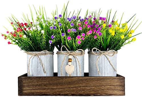 CALAVAK Decorative Centerpiece Wooden Tray with 3 Metal Potted Artificial Babys Breath Gypsophila Plant Flowers Rustic Country Farmhouse Décor for Dining Room, Living Room and Kitchen Table