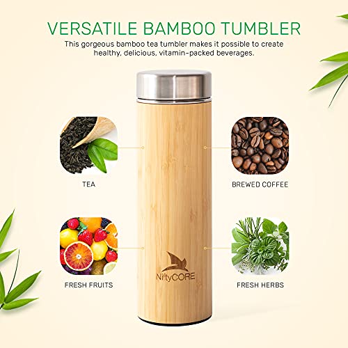 Bamboo Tumbler With Tea Infuser Bottle Loose Leaf Strainer – Advanced Double Insulated Stainless Steel Travel Thermos - Best Gift For Tea Lovers - Leak-Proof Hot Coffee Mug, Fruit Water Bottle (17 Oz) #TOP3