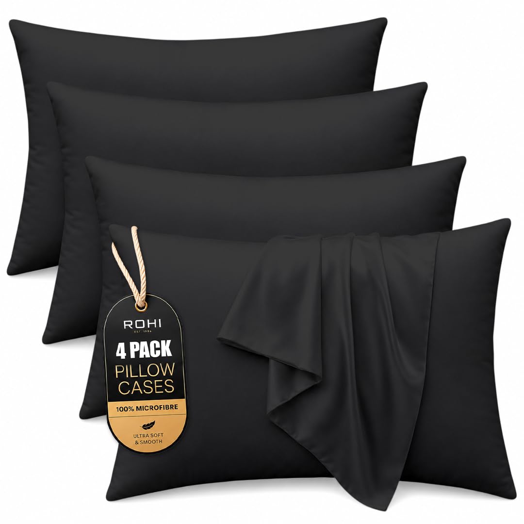 Rohi Microfibre Black Pillowcases 4 Pack – Soft & Smooth Envelope Closure Pillow Covers – Fade Resistant & Breathable Pillows Cases – Standard Size (50x75 cm)