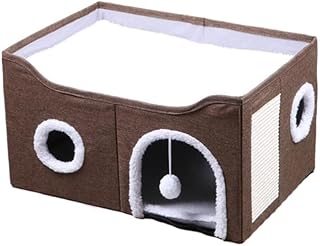 猫ハウス ペットハウス 組み立て簡単 多機能爪とぎ付き猫ハウス 冬季保温 省スペース 防寒設計 犬猫兼用 エネルギーディア 保温 室内用板式マット 洗濯可能 (ブラウン,a)