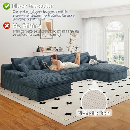 Image of 136 inch Cloud Couch Modular Sectional Sofa for Living Room, U-Shape Boneless Couch with Deep Seat, Modern Corduroy 4-Seater with Ottoman, No Assembly Required (Blue,Right-Facing Chaise)