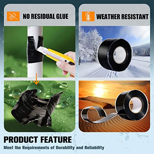 Votmell 2 Rolls 1In(W) X 10Ft(L) Self Fusing Silicone Tape,Waterproof Rubber, Water Leak Seal Tape,Rescue Tape,Plumbing Hose Repair Tape, Without Adhesive,Black #TOP2