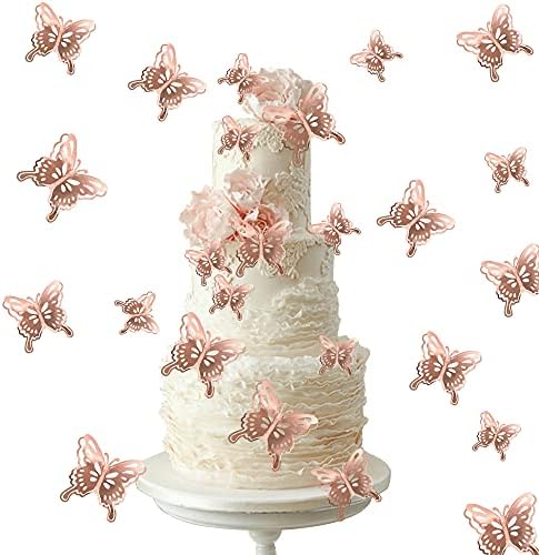 40 PCS Rose Gold Lively 3D Butterfly Cupcake Toppers Hollow Art Butterfly Cake Topper Decorations for Baby Shower Wedding Anniversary Kids Birthday Party Supplies Mixed Size