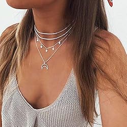 Bijou Brigitte Collares Dorados TseenYi - Collar bohemio simple de plata hueca con varias cadenas y colgantes de luna y estrella para mujeres y niñas
