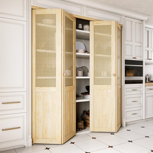 JUJUBON 72\'\' x 80\" Ratten Bifold Closet Door, Cane Webbing & Pine Wood Interior Door Slab, Folding Barn Door Interior with Hardware, Fascia & Knob, Unfnished Smooth Surface
