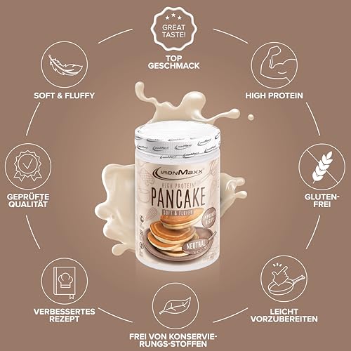 IronMaxx High Protein Pancake Mix, Neutral 450 g Beutel, proteinreiche Backmischung für Pancakes, einfache Zubereitung und gut für Sportler