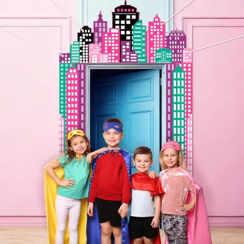 Image of Funrous Hero Party Door Banner Decor Hero Themed Porch Banner City Door Sign Set Cityscape Photo Booth Props Backdrops for Birthday Baby Shower Outdoor Indoor House Porch Decorations
