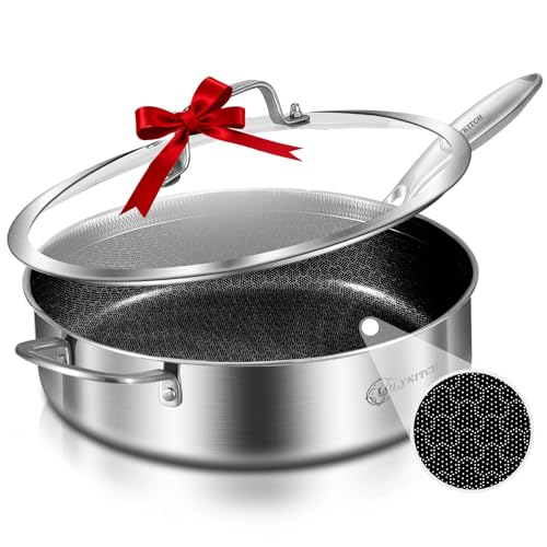 LOLYKITCH 6 QT Hybrid Tri-Ply Stainless Steel Non-Stick Sauté Pan with Lid,12 Inch Deep Frying Pan,Large Skillet,Jumbo Cooker,Induction Pan, Oven Safe and Detachable Handle.