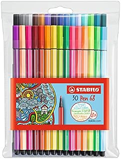 Premium Felt Tip Pen - STABILO Pen 68 - Wallet of 30 - Assorted Colours incl 6 Neon