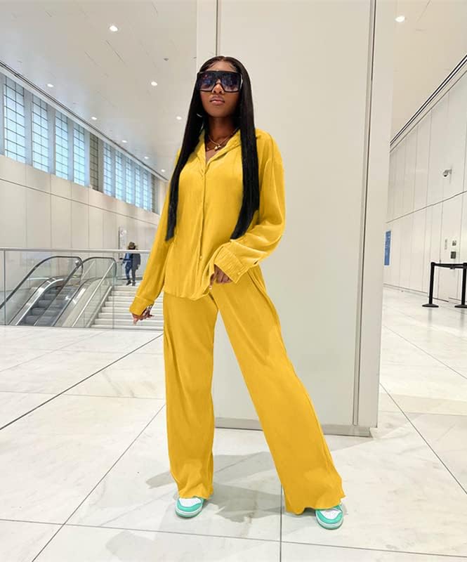 kaimimei Casual 2 Piece Outfit for Women - Linen Long Sleeve Button Down Shirt + Flare Pleated Wide Leg Pants Sets Streetwear - Image 5