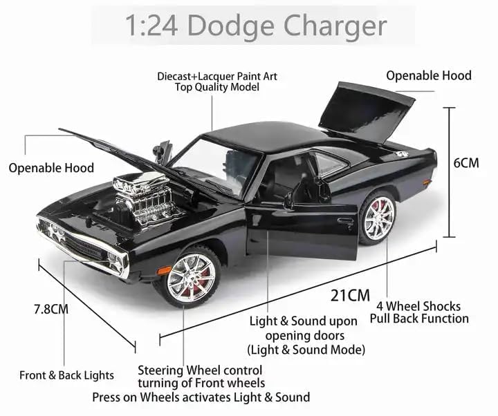 Image of 1:24 Scale Big Size Fast Furious Dodge Charger Diecast Car | Metal Pullback Toy Car for Kids with Openable Doors, Sound, Light Effects, Black