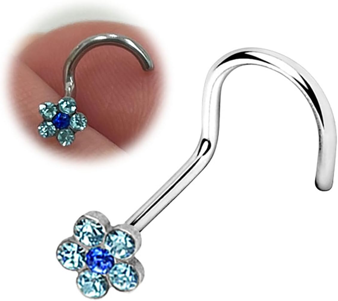 Luxe Modz 316L Surgical Steel 20G 18G Nose Screw Studs Rings Paved CZ Flower Corkscrew Nostril Piercing Jewelry for Women Men 1/4 Inch (6mm)