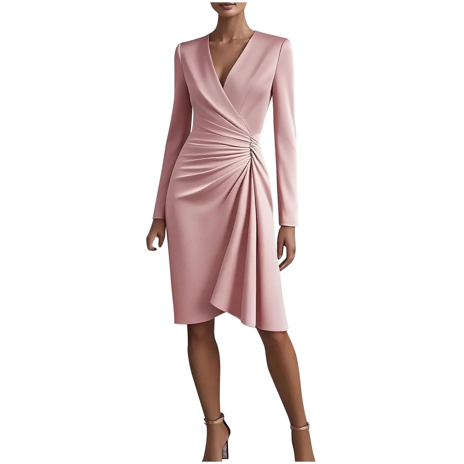 Womens Long Sleeve Wrap V Neck Ruched Midi Dress Knee-Length Elegant Business Dresses for Work Formal Cocktail Office