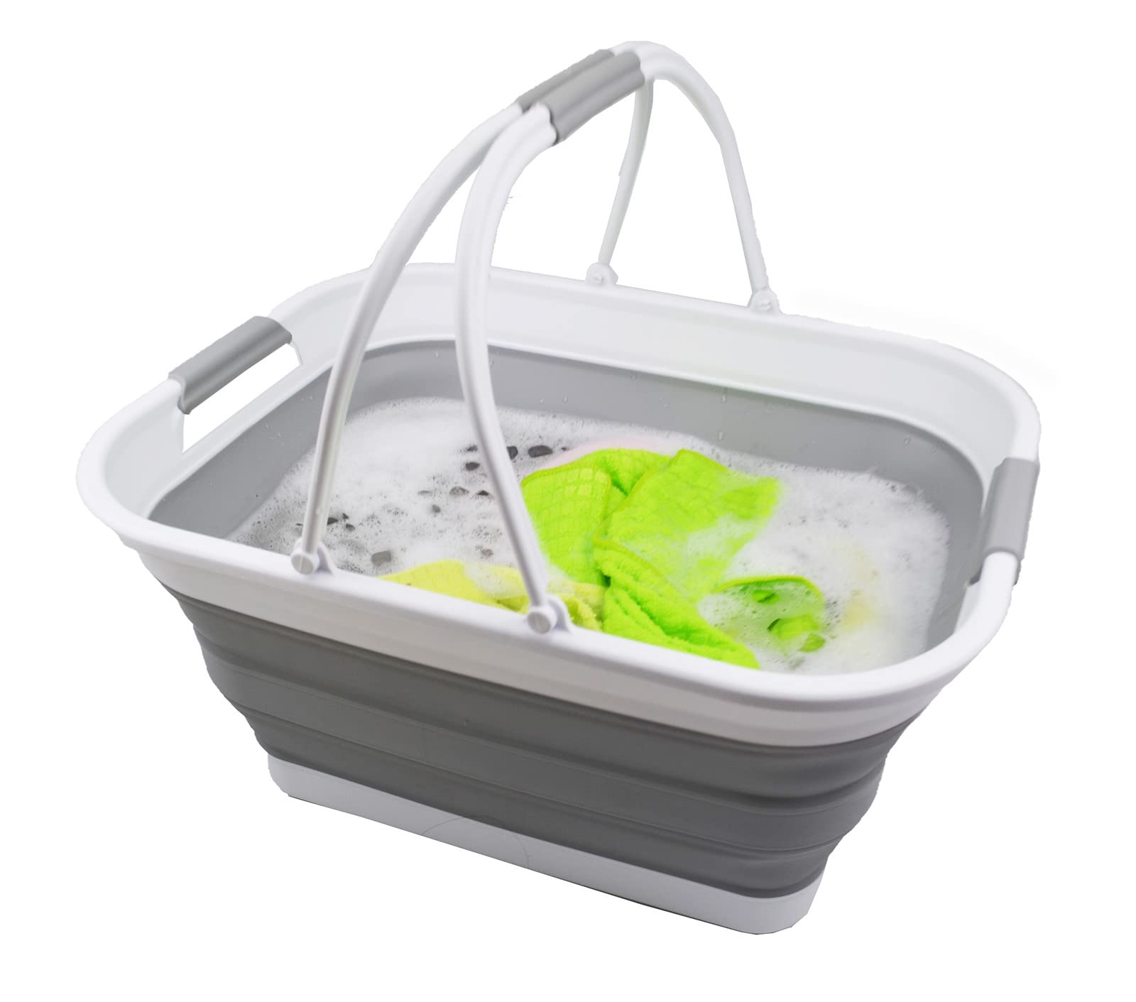 SAMMART Bassine pliable de 29 l avec poignée - Panier de pique-nique portable - Bac de rangement pour économiser de l'espace - Capacité d'eau de 24 l (1, blanc/gris)