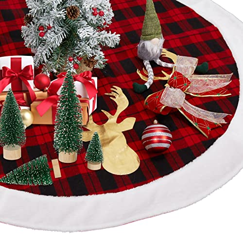 48 Inch Red Black Buffalo Plaid Christmas Tree Skirt, Large Fur Christmas Tree Skirt Decorations with Reindeer Design for Christmas Tree Indoor Home Holiday Party Decoration