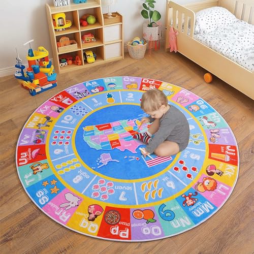 OHDS Kids Rugs for Playroom - Soft & Non-Slip 6x6 Feet Round Educational Rug for Learning ABC Alphabet, Numbers, Shapes & Map, Washable Classroom Rug for Toddler Nursery & Kids Room Decor