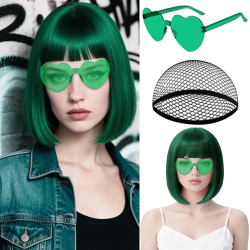 Image of MEEZY Dark Green Short Bob Wigs Straight Hair with Flat Bangs Heart Sunglasses for Women, Colorful Funny Cosplay Party Neon Wig Synthetic Natural As Real Carnival Halloween Costume