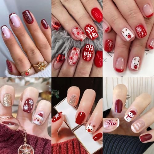 6 Packs (144 Pcs) Christmas Press on Nails - Square Red Short Medium Snowflake False Nails - Glue on Fake Stick on Nails for Women - 12 Sizes 6 Styles