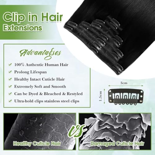 Image of Jet Black Clip in Hair Extensions Real Human Hair, 18inch /8pcs Seamless Invisible Human Hair Clip in Extensions for Women, 10A Brazilian Virgin Remy Human Hair Extensions Clip ins Double Weft 70g