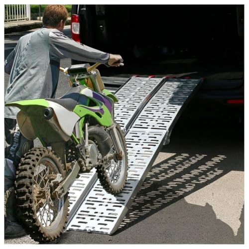 Rampas de carga para camión 2PCS con patas de soporte, plegables y fáciles de transportar, rampa pesada con superficie antideslizante para cortadora, ATV, carrito (221x28x5cm)