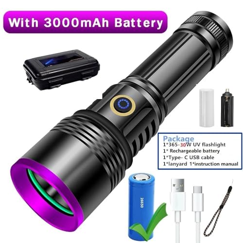 【Upgrade】30W 365nm UV Taschenlampe USB Aufladbar Schwarzlicht Taschenlampe UV Lampe Haustier Urin Detektor für Harzhärtung, Bernstein, Geocaching, Unechte Banknoten, A/C Leck, Heimtierurindetektoren