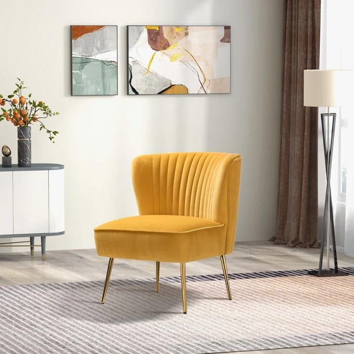 Image of Modern Upholstered Accent Velvet Chair Single Seater Channel Tufted Wing Back Chair with Golden Matel Legs for Living Room, Bedroom, Dining Room, Mustard