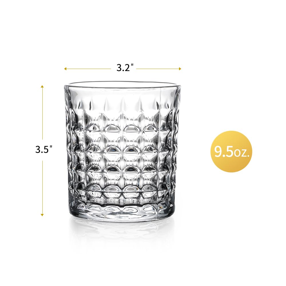 FUENYEJIA 6-piece set of glassware with diamond shaped grids, 9.5 ounce transparent glass cups, modern kitchen romantic beer, whiskey, juice, cocktail, coffee, water glass cups